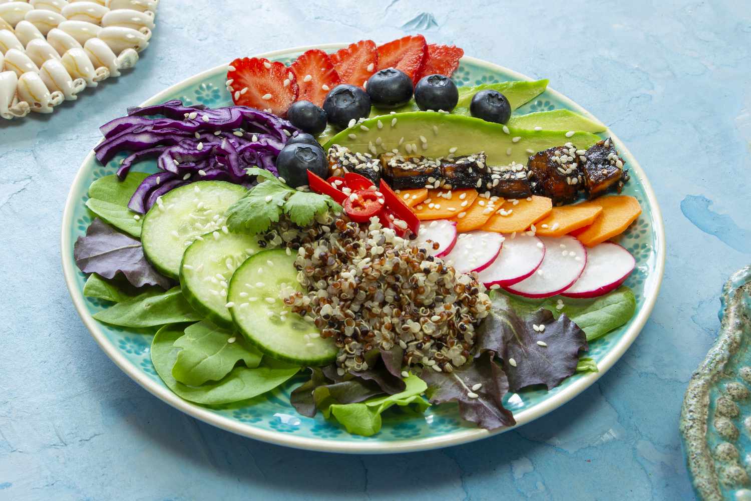 Healthy lunch with colorful vegetables and whole grains